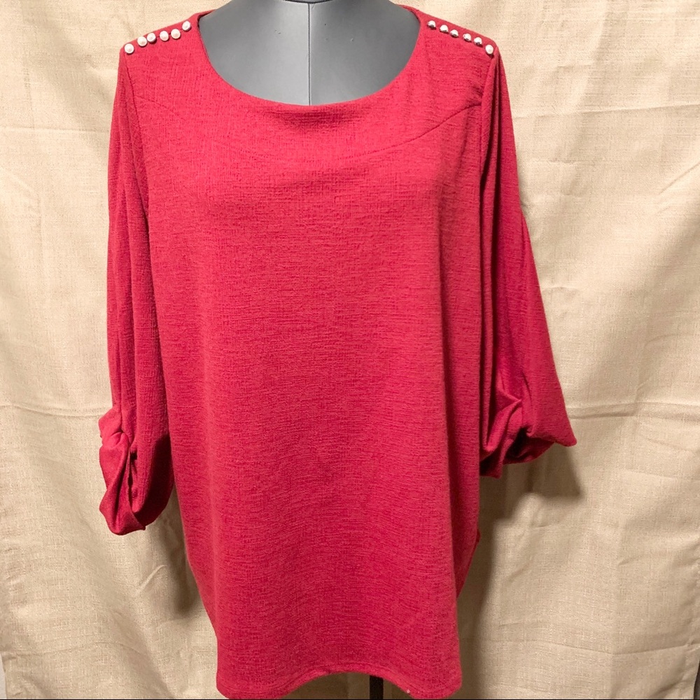 Long Sleeved Red Dress Barn Top w/ Pearl Accents